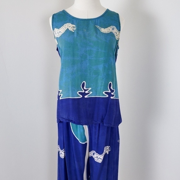 2 pc. Lounge set rayon turquoise pant set colour block straight leg - Picture 13 of 15